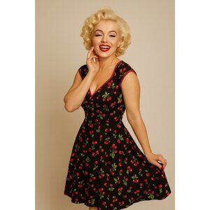 Vtg Pinup Couture Cherry Print Black Dress Womens Small Retro 50s Coquette Girl
